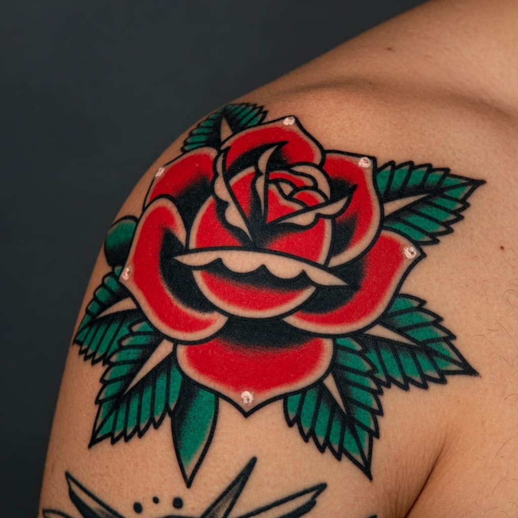 American traditional red rose tattoo on a client's shoulder