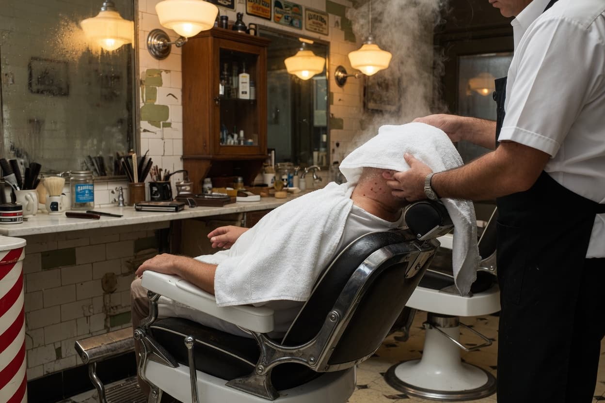 Client receiving a hot towel finish in a classic barbershop
