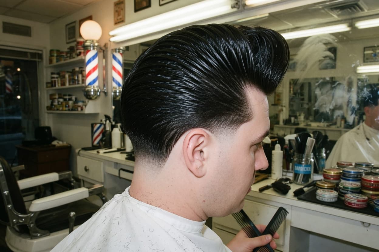 Classic pompadour haircut with high shine finish