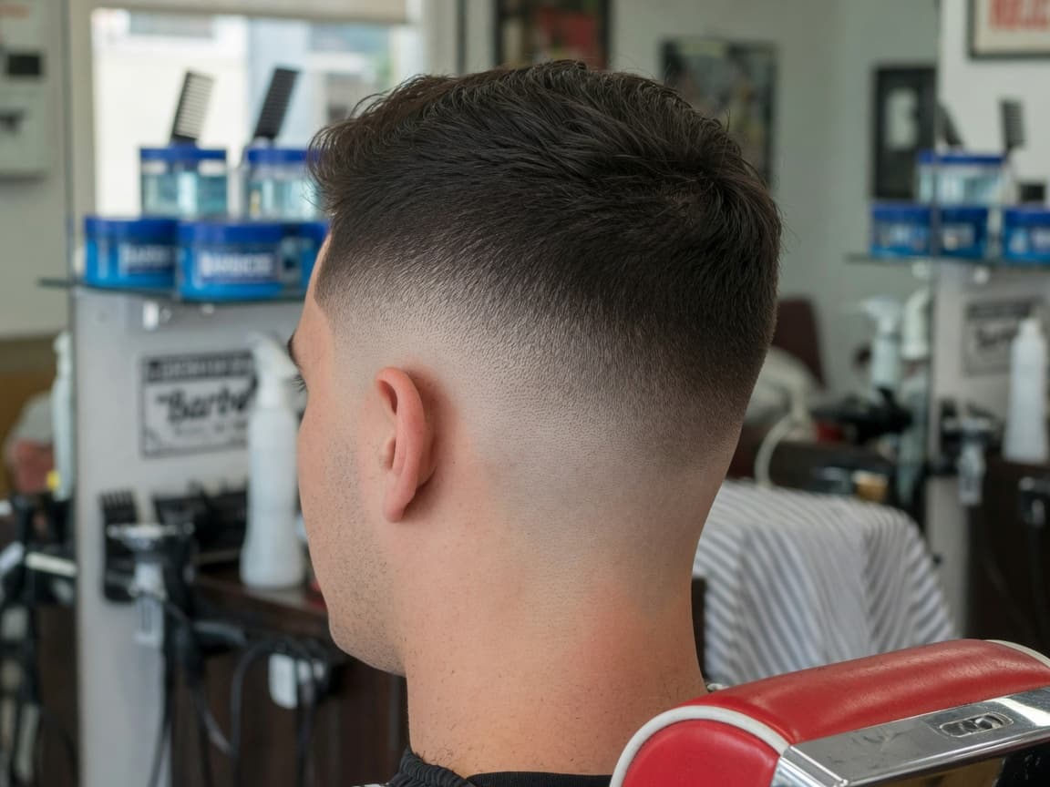 Clean mid-high skin fade on a client in a classic barbershop