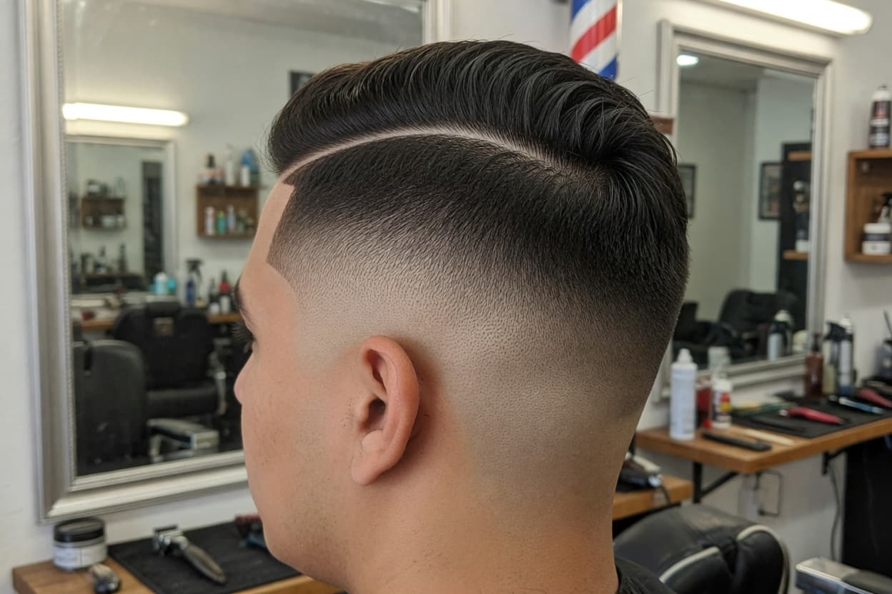 Hard part fade haircut with sharp line work