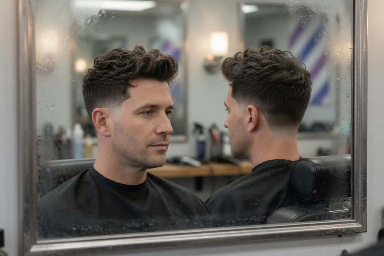 Contemporary soft mullet haircut in a barbershop